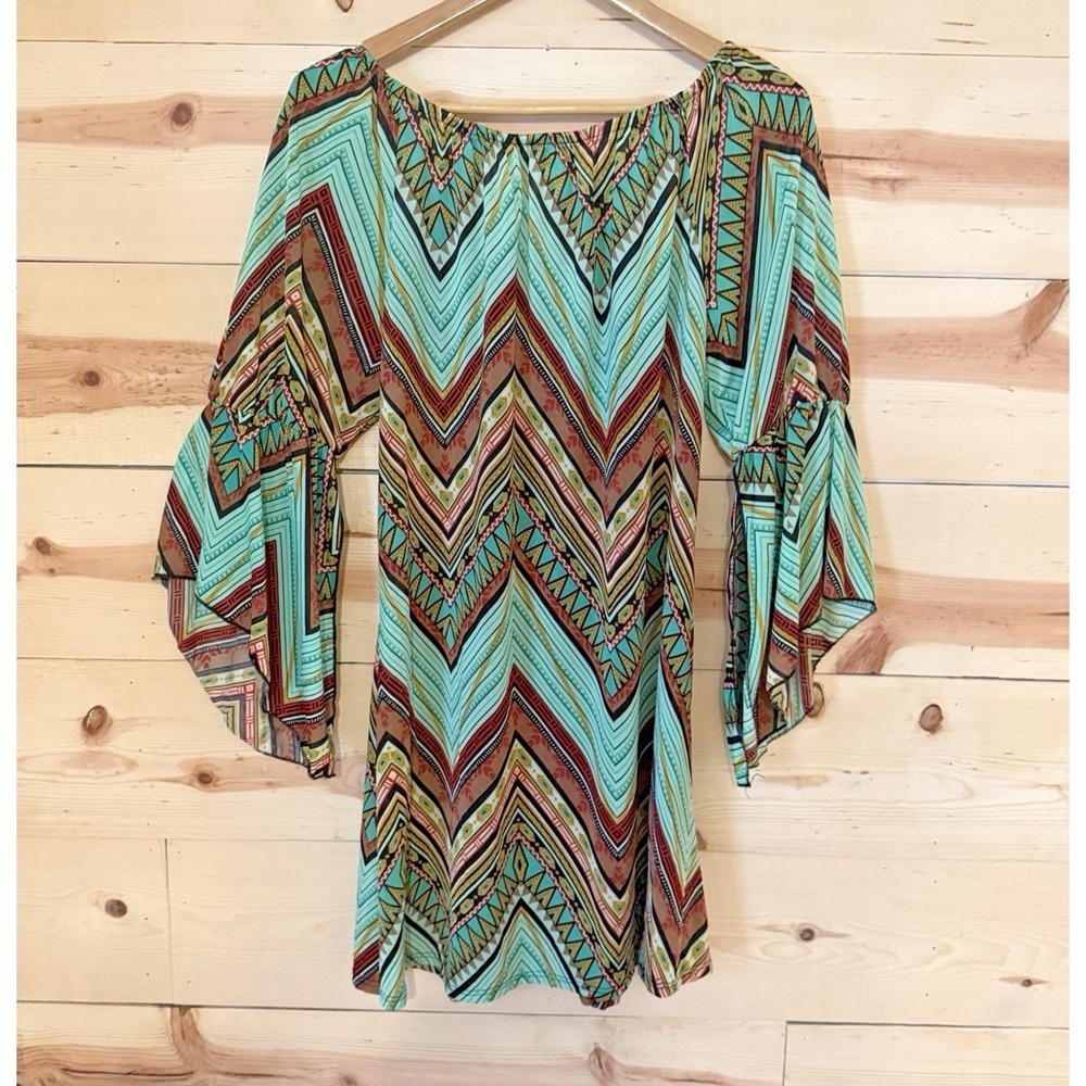 Astoria Born Womens Medium Boho Hippie Chevron Tunic Top Bell Sleeve Turquoise - Picture 5 of 8